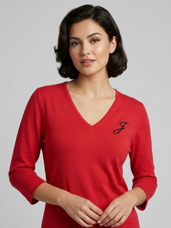 Designers Originals Sweaters - Vintage 90s Designers Originals Red V-Neck Embroidered Monogram J Knit Sweater M